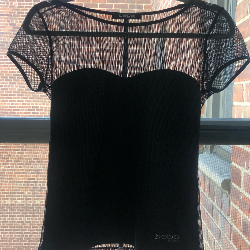 bebe Black Mesh Overlay Short Sleeve Top